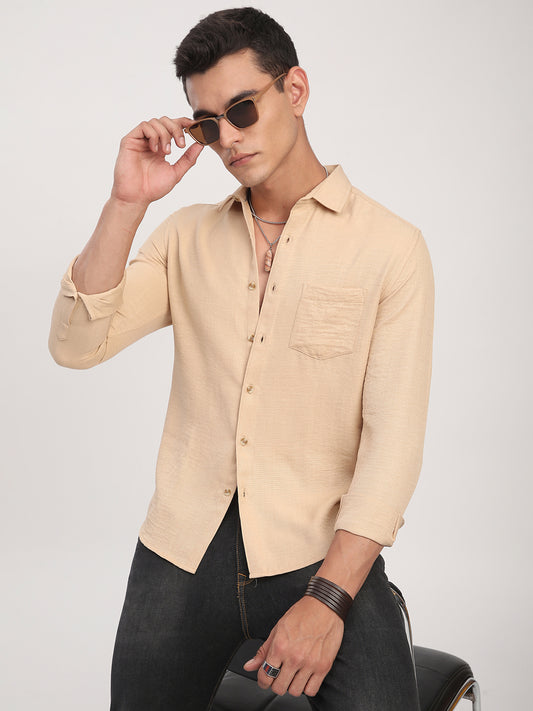 Tan Minimalist Solid Crinkled Shirt