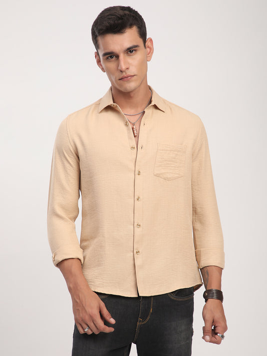 Tan Minimalist Solid Crinkled Shirt