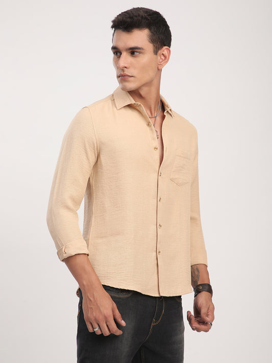 Tan Minimalist Solid Crinkled Shirt