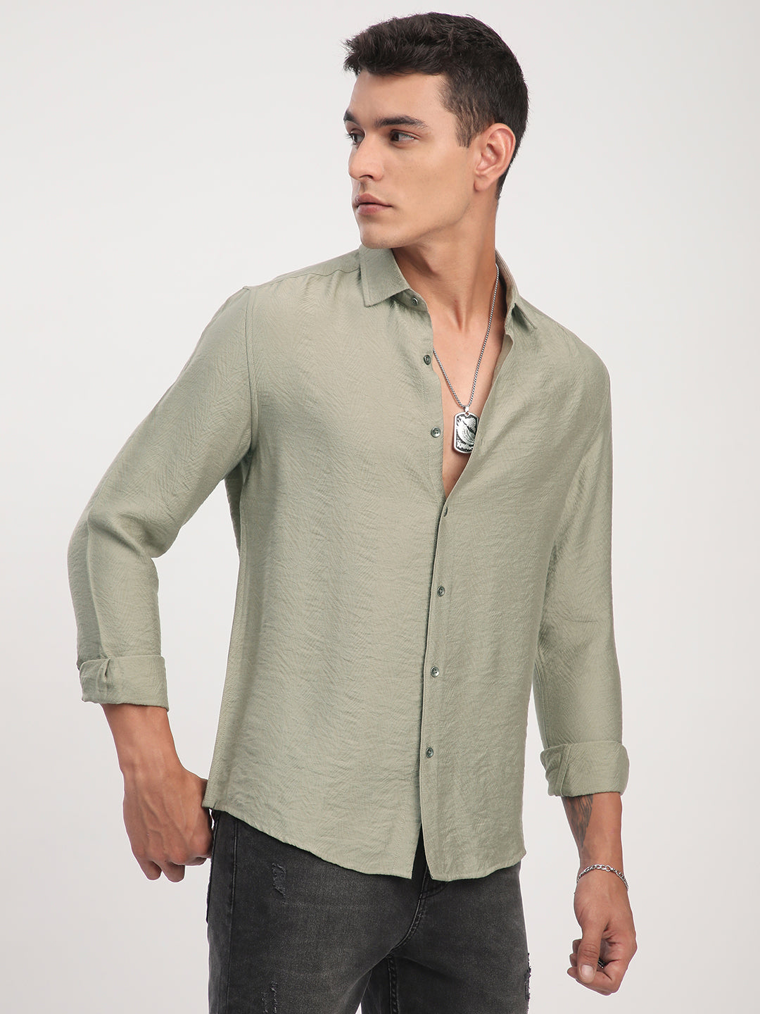Dusty Olive Rhythmic Wave Textured Shirt