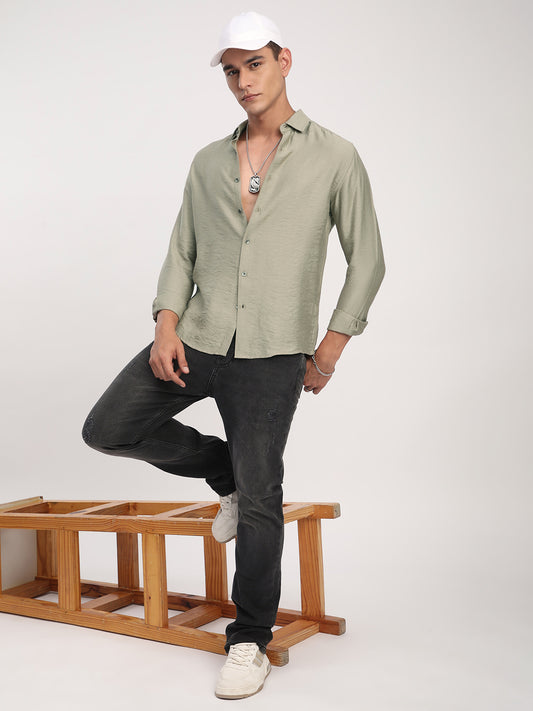 Dusty Olive Rhythmic Wave Textured Shirt