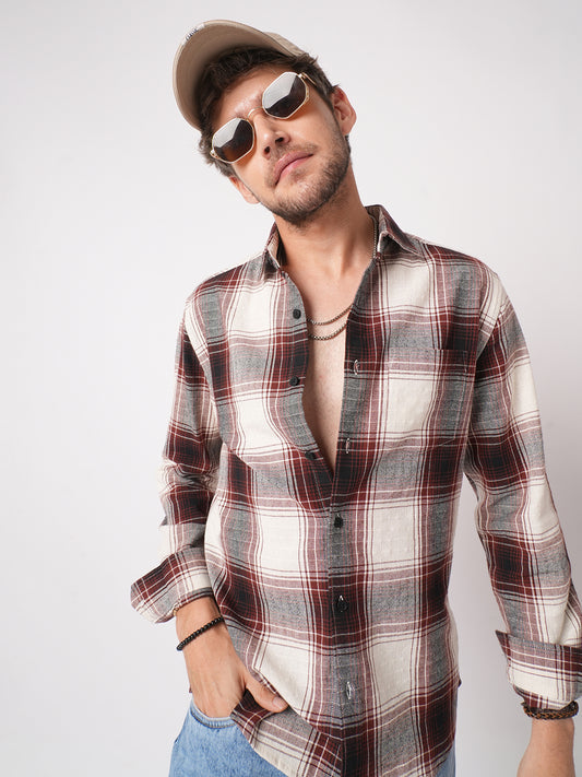 Vintage White & Black Plaid Checks Textured Shirt