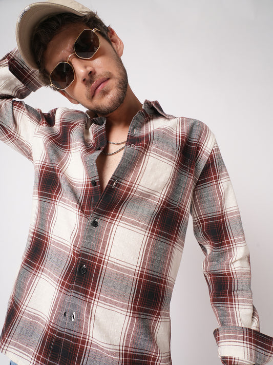 Vintage White & Black Plaid Checks Textured Shirt