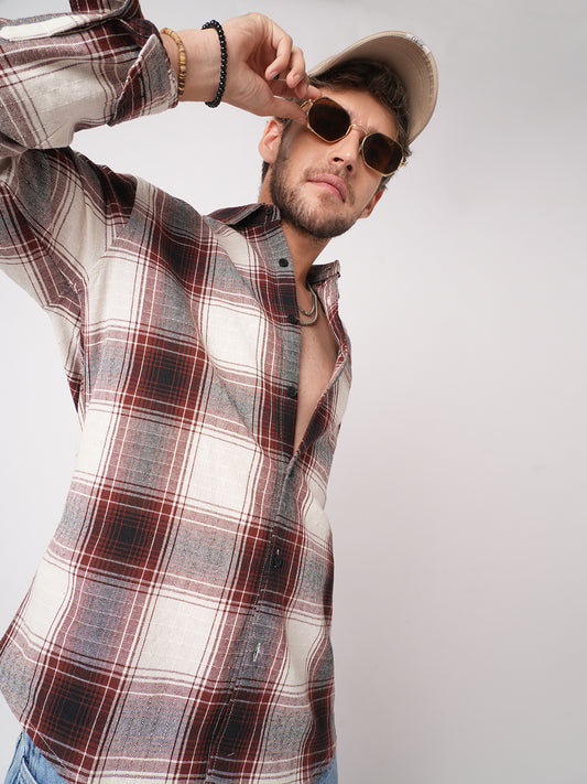 Vintage White & Black Plaid Checks Textured Shirt