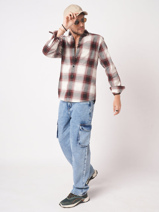 Vintage White & Black Plaid Checks Textured Shirt