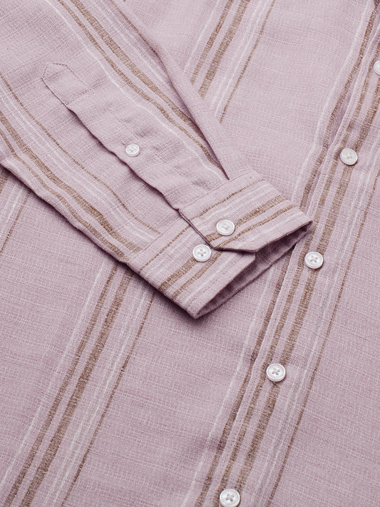 Subtle Pink Vertical Striped Linen Blend Shirt