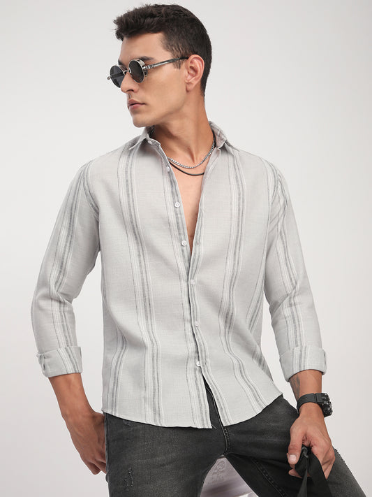 Light Grey Marine Mist Striped Linen Blend Shirt