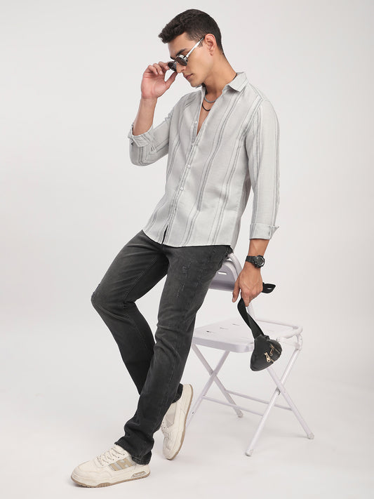 Light Grey Marine Mist Striped Linen Blend Shirt