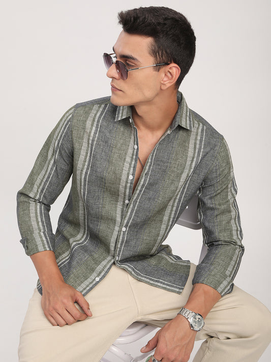 Olive Green & Grey Slub Striped Shirt