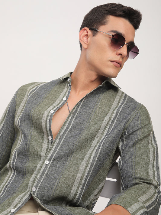 Olive Green & Grey Slub Striped Shirt