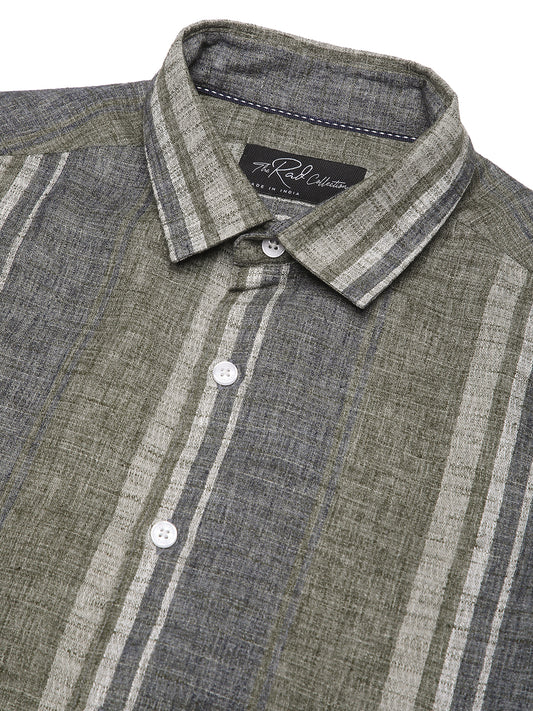 Olive Green & Grey Slub Striped Shirt