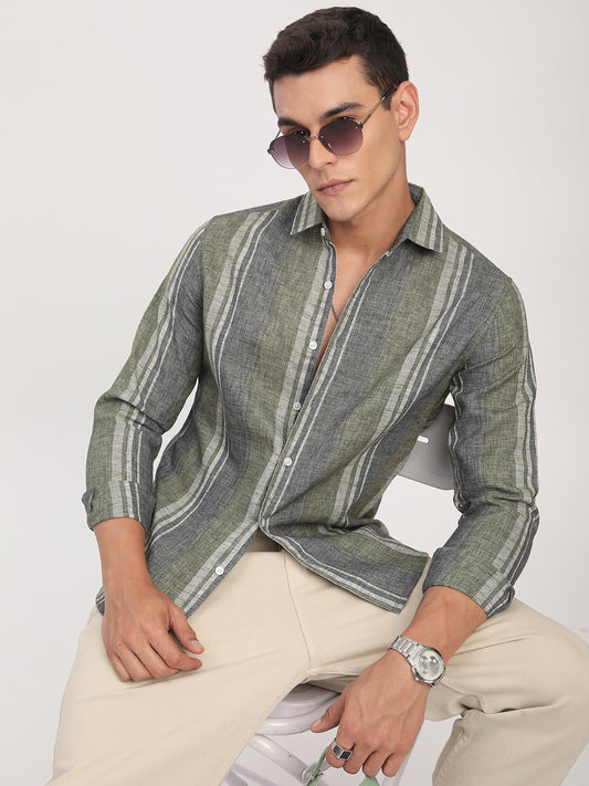Olive Green & Grey Slub Striped Shirt