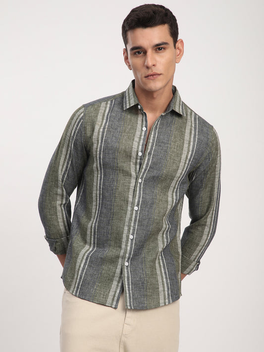 Olive Green & Grey Slub Striped Shirt