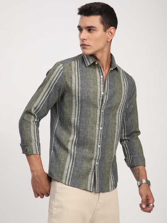 Olive Green & Grey Slub Striped Shirt
