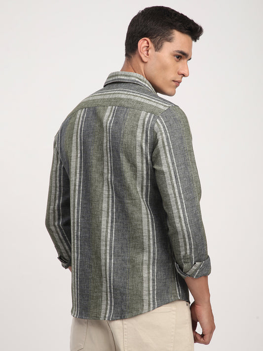Olive Green & Grey Slub Striped Shirt