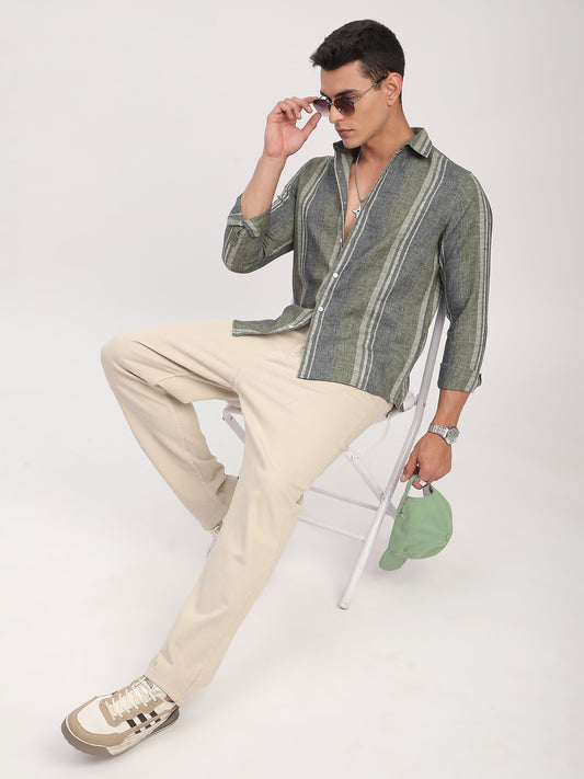 Olive Green & Grey Slub Striped Shirt