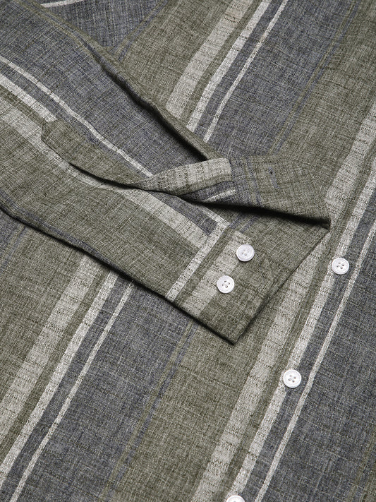 Olive Green & Grey Slub Striped Shirt