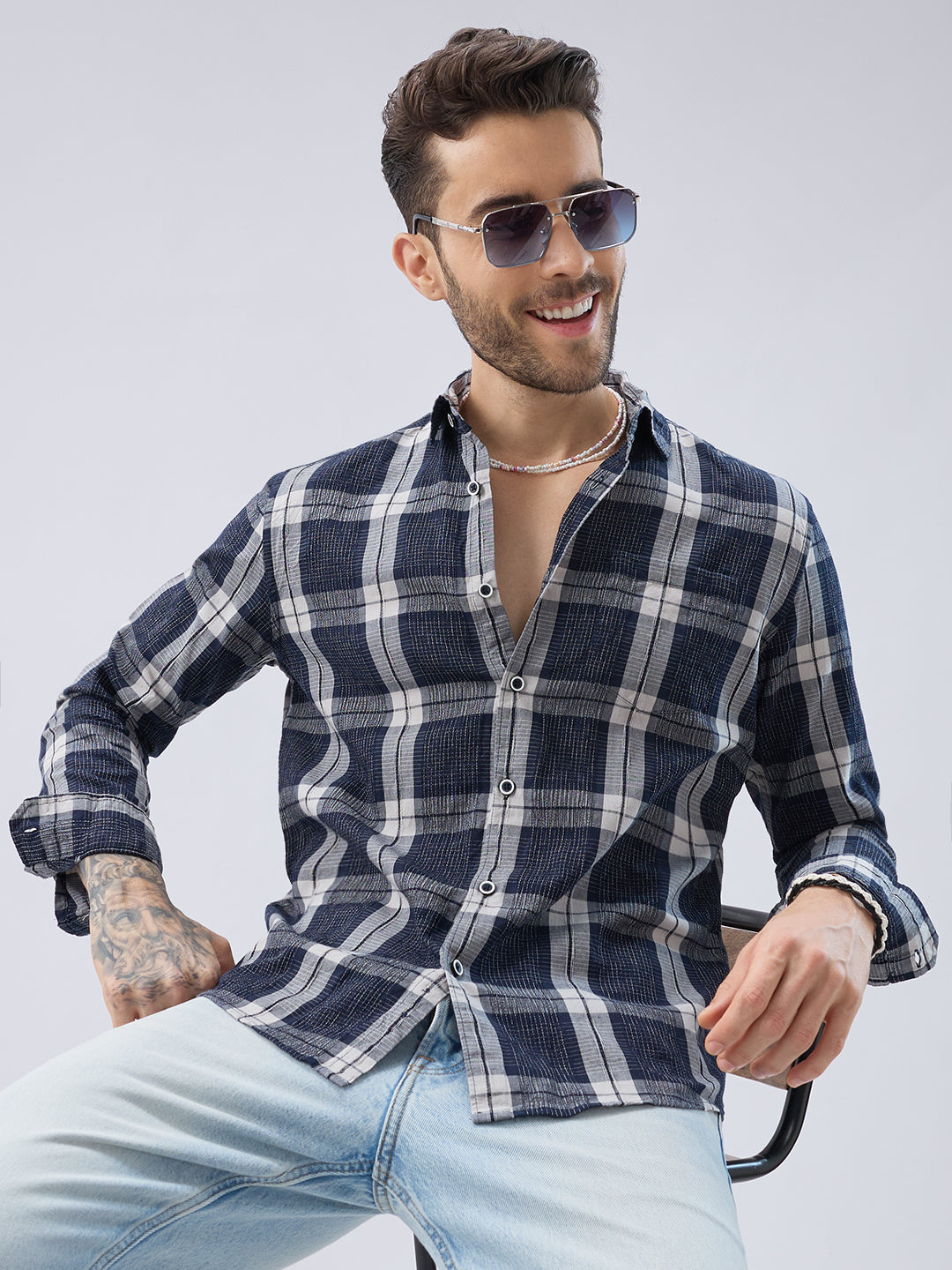 Graphite Blue Contrast Stitch Multi-Check Jacquard Shirt