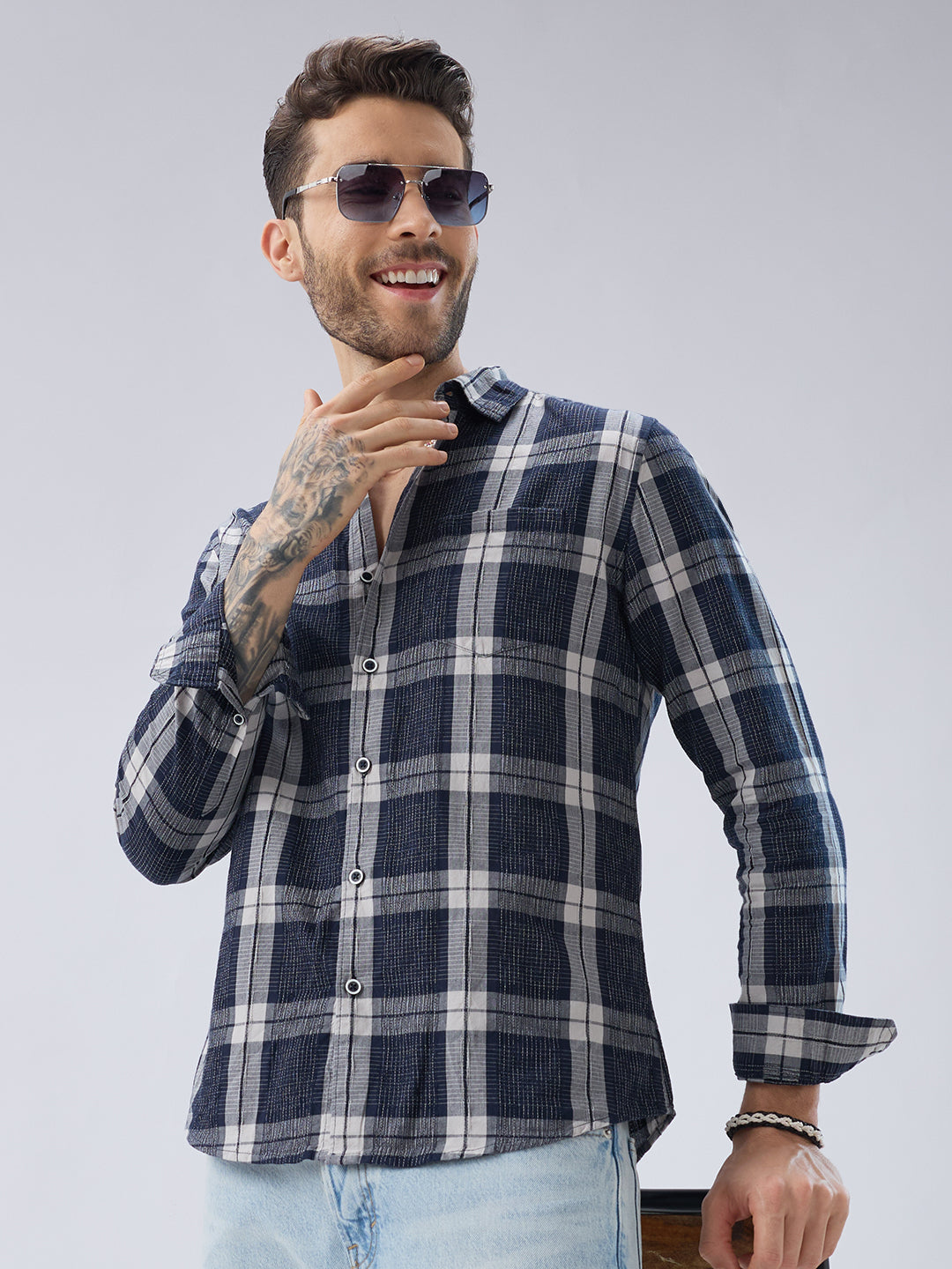 Graphite Blue Contrast Stitch Multi-Check Jacquard Shirt