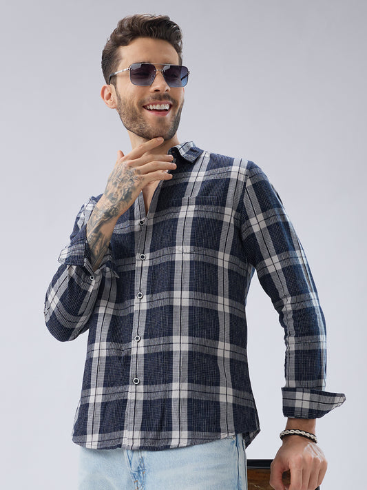 Graphite Blue Contrast Stitch Multi-Check Jacquard Shirt