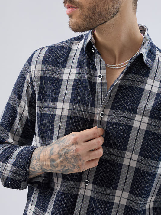 Graphite Blue Contrast Stitch Multi-Check Jacquard Shirt