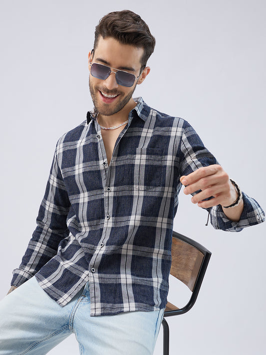 Graphite Blue Contrast Stitch Multi-Check Jacquard Shirt