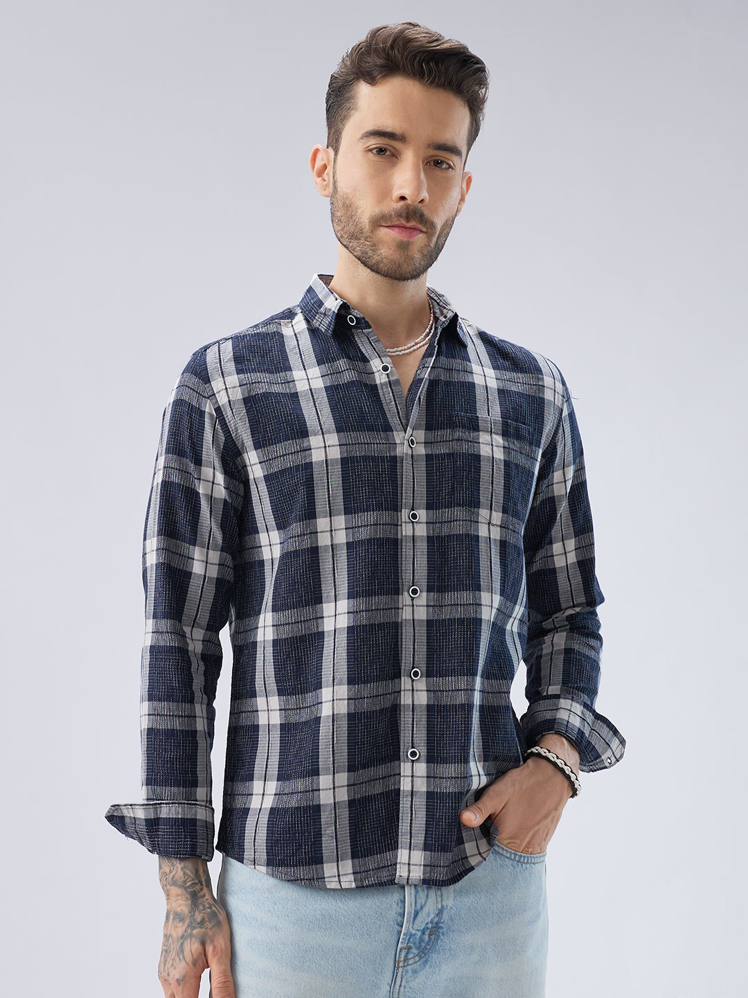 Graphite Blue Contrast Stitch Multi-Check Jacquard Shirt