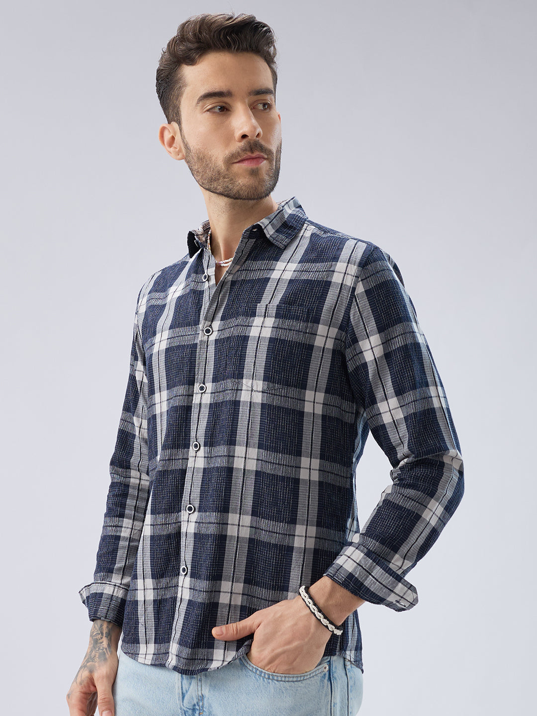 Graphite Blue Contrast Stitch Multi-Check Jacquard Shirt