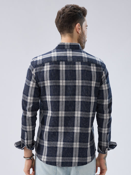 Graphite Blue Contrast Stitch Multi-Check Jacquard Shirt