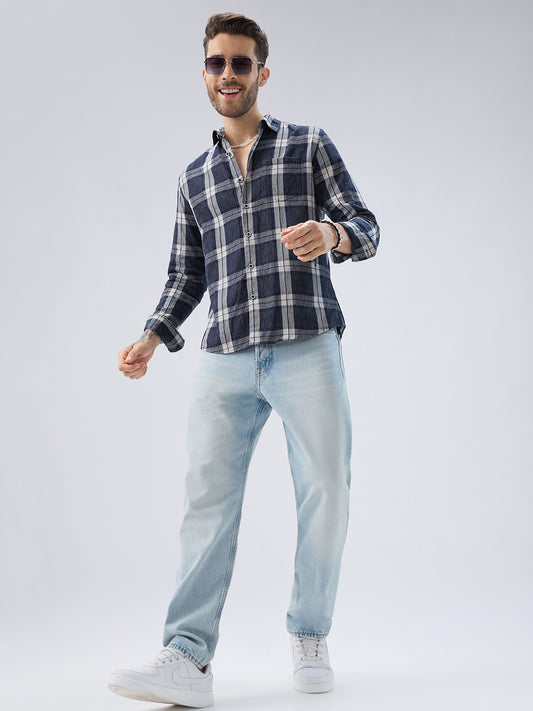 Graphite Blue Contrast Stitch Multi-Check Jacquard Shirt