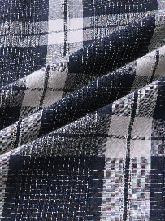 Graphite Blue Contrast Stitch Multi-Check Jacquard Shirt