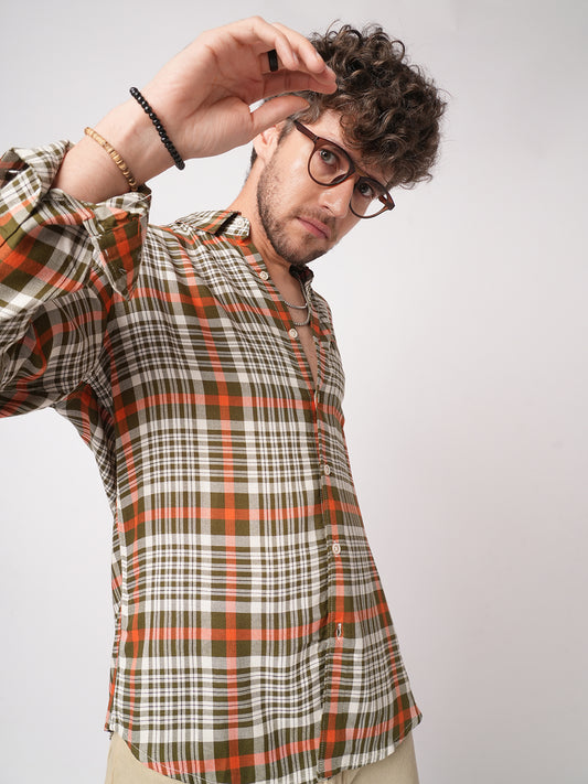White & Olive Green Heritage Checks Shirt