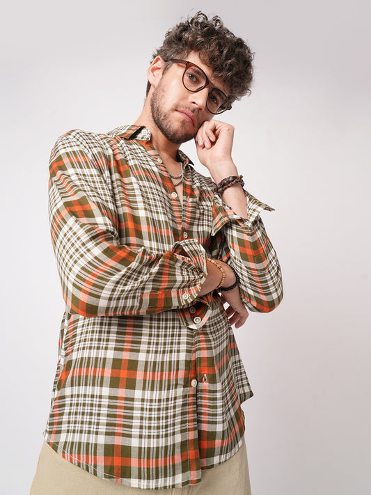 White & Olive Green Heritage Checks Shirt
