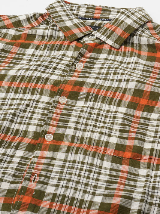 White & Olive Green Heritage Checks Shirt