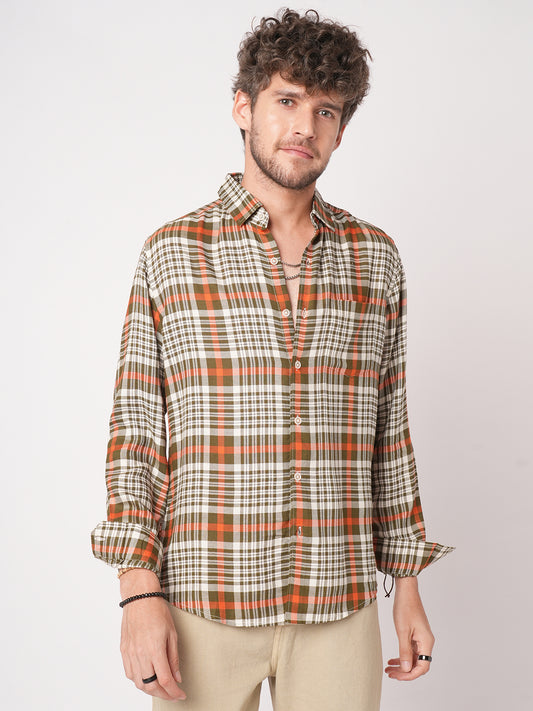 White & Olive Green Heritage Checks Shirt