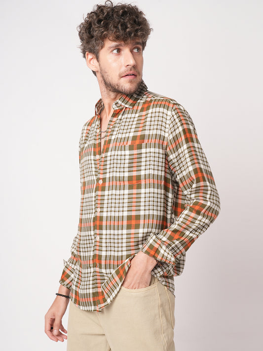White & Olive Green Heritage Checks Shirt