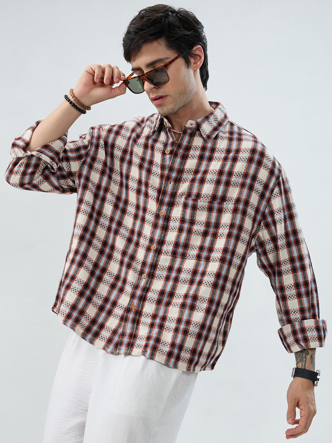 Autumn Grid Multicolor Checks Boxy Fit Crop Shirt