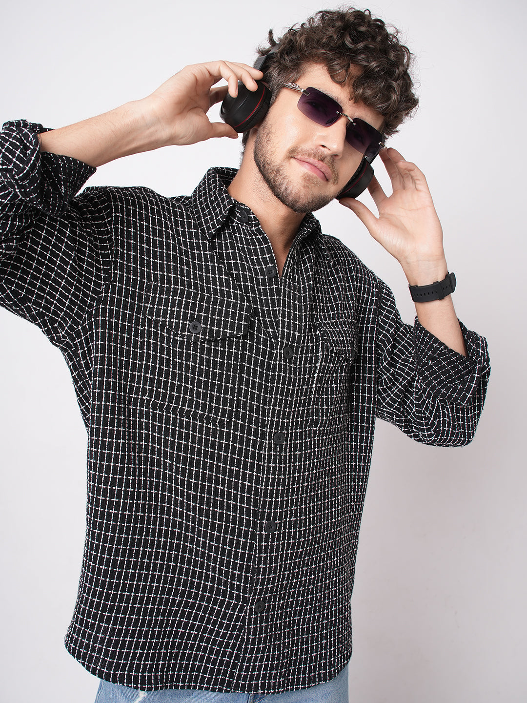 Black Sculpted Checks Double Pocket Overshirt