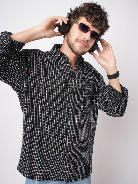 Black Sculpted Checks Double Pocket Overshirt