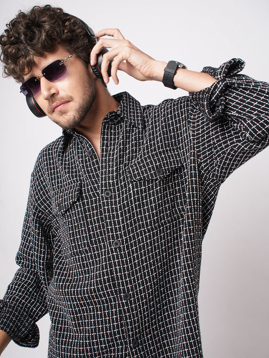 Black Sculpted Checks Double Pocket Overshirt