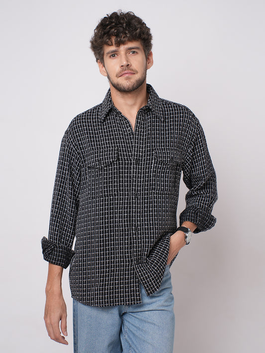 Black Sculpted Checks Double Pocket Overshirt