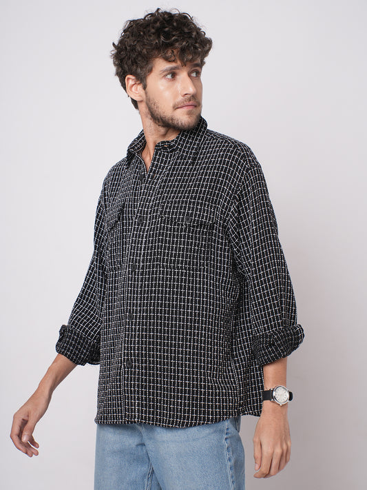 Black Sculpted Checks Double Pocket Overshirt