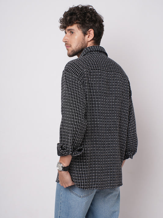 Black Sculpted Checks Double Pocket Overshirt