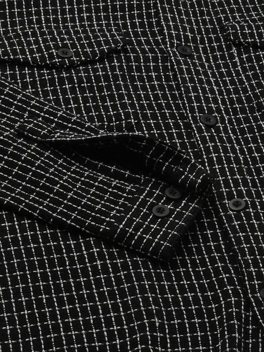 Black Sculpted Checks Double Pocket Overshirt