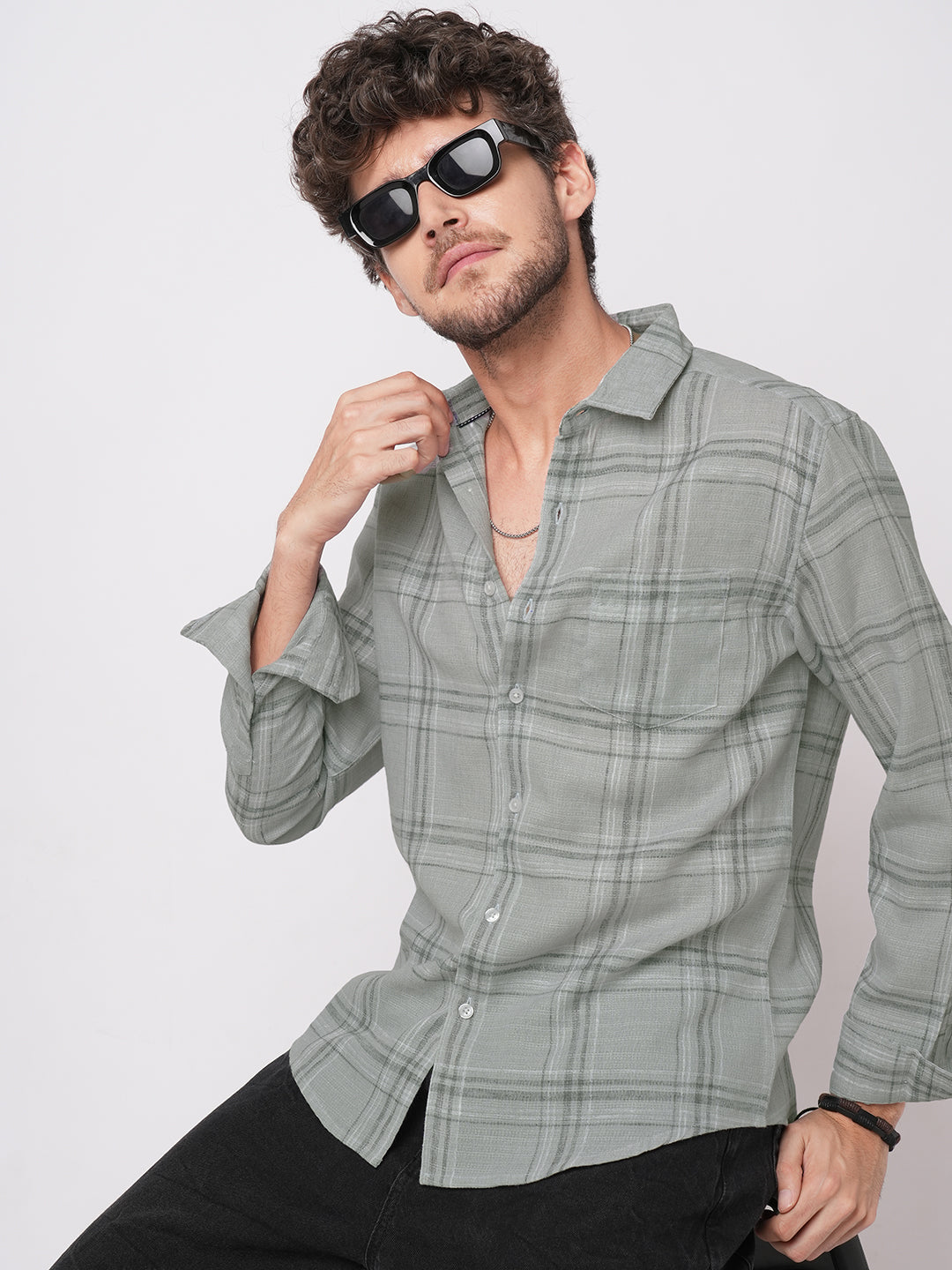 Bright Grey Gauze Grid Checks Shirt