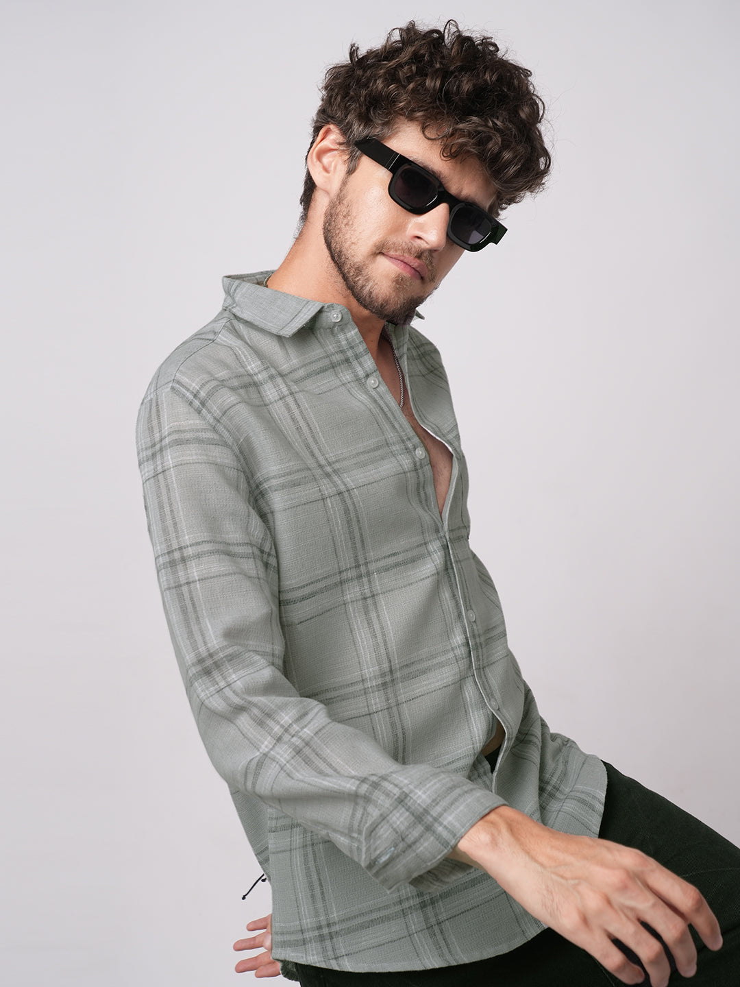 Bright Grey Gauze Grid Checks Shirt