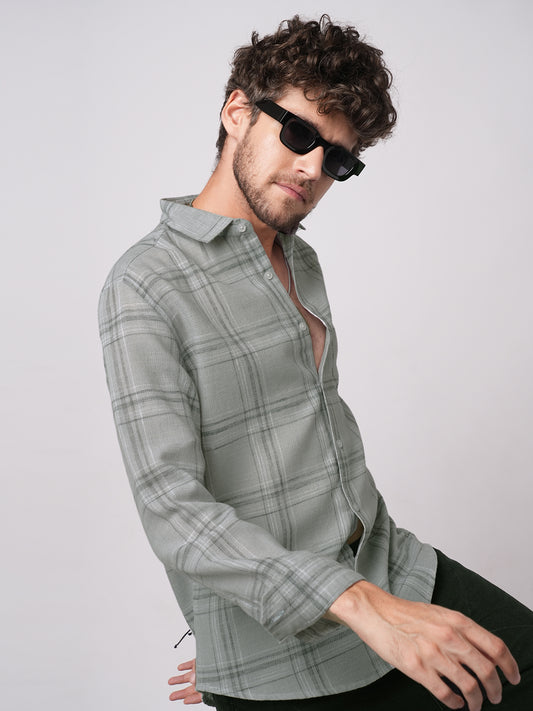 Bright Grey Gauze Grid Checks Shirt