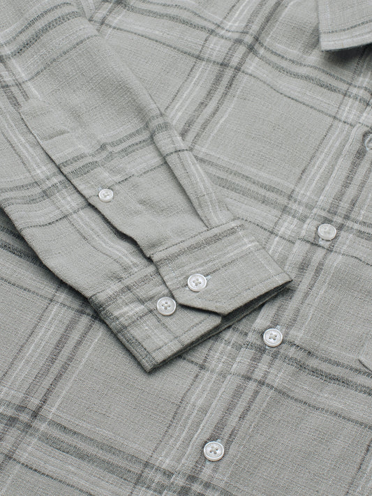 Bright Grey Gauze Grid Checks Shirt