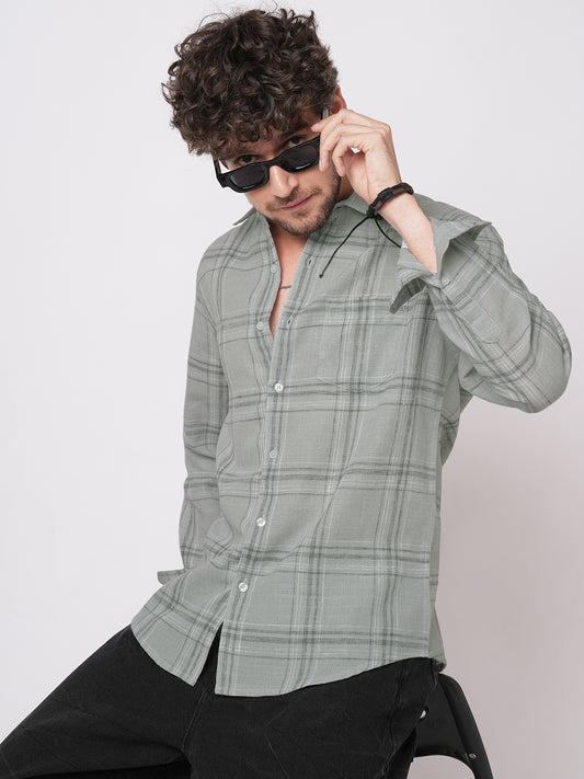 Bright Grey Gauze Grid Checks Shirt