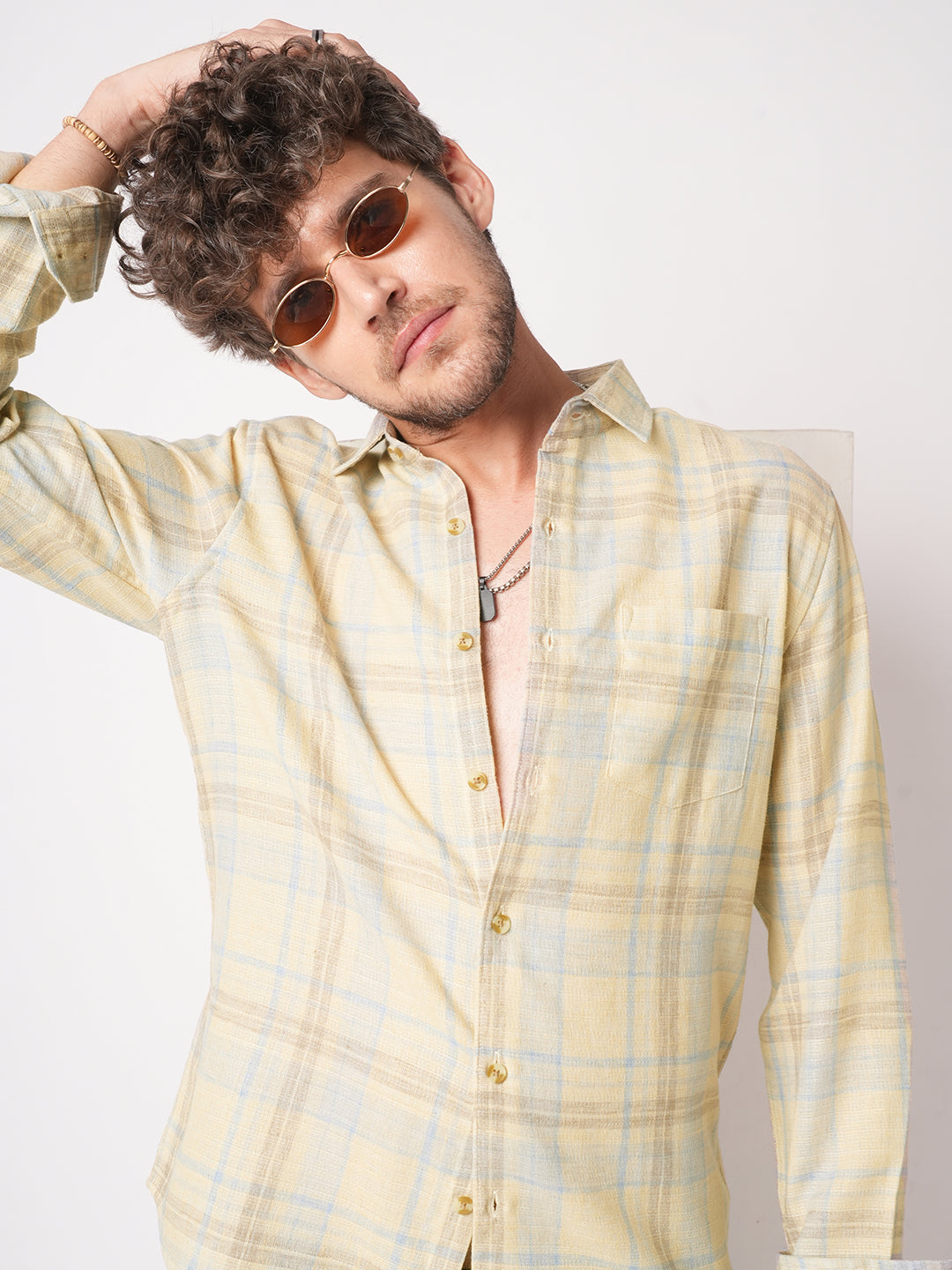 Sunwashed Yellow Summer Linen Blend Grid Shirt